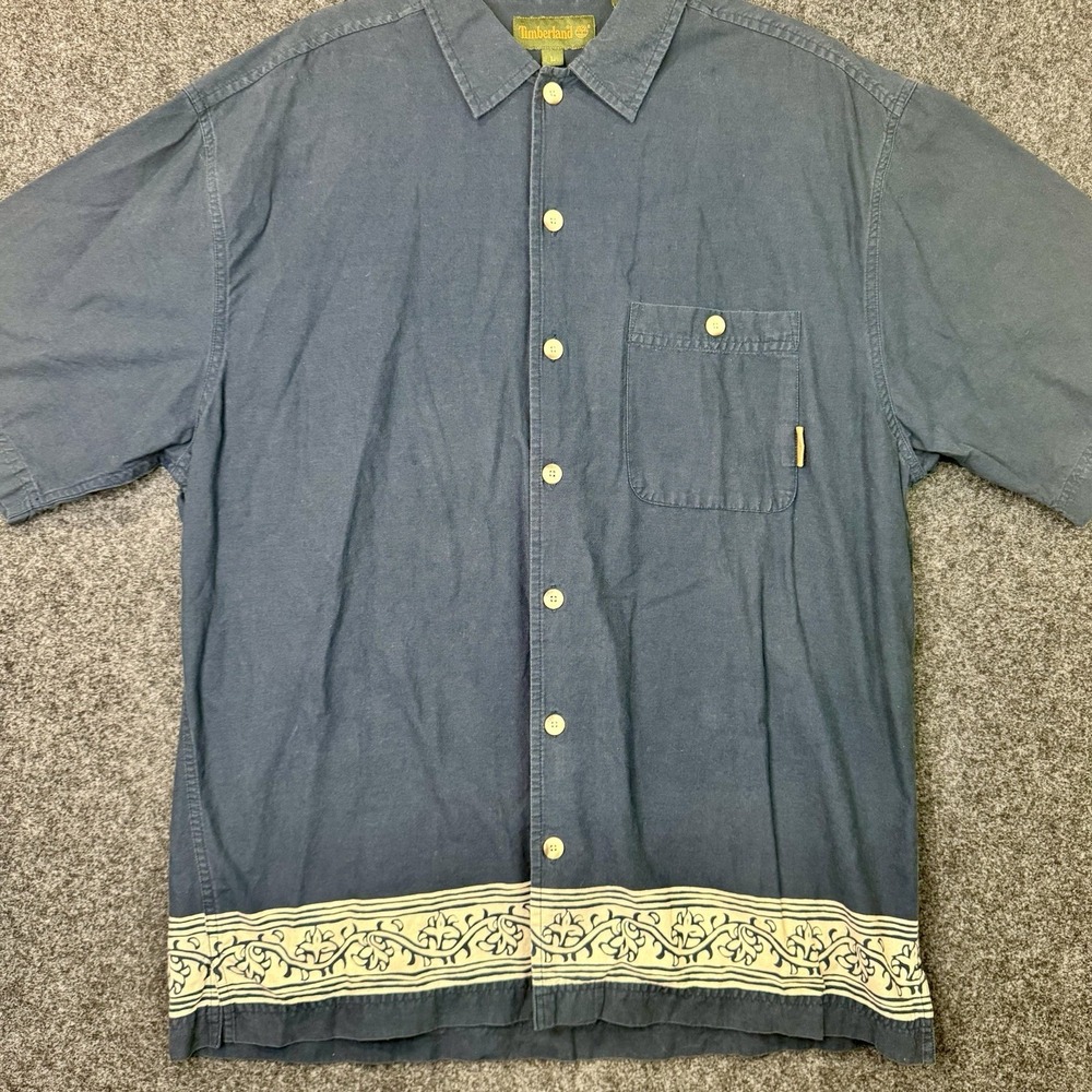 Timberland Men's L Navy Border Print Button Shirt Coastal Resort 100% Cotton